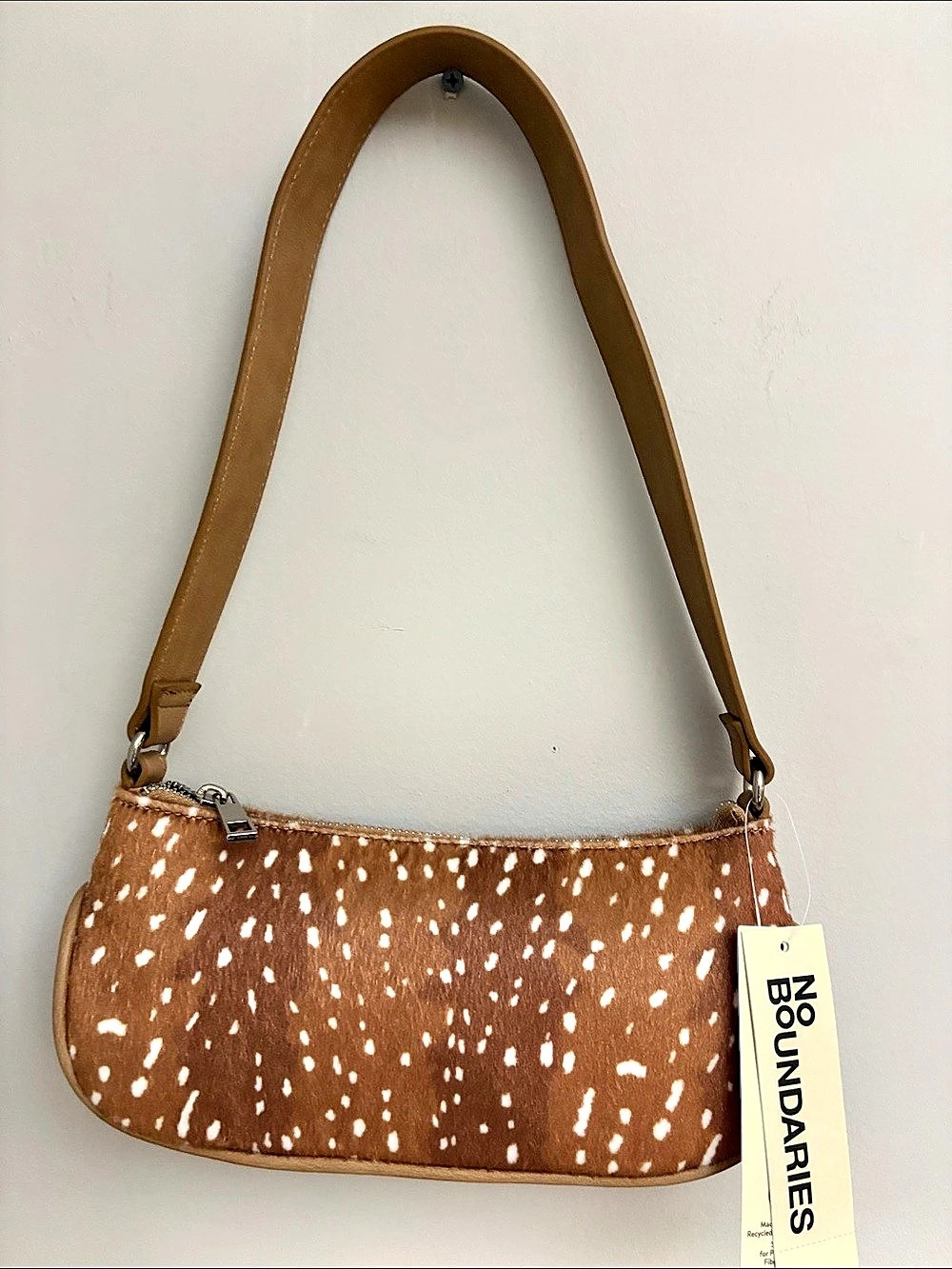 No Boundaries Doe Faux Leather Shoulder Bag Brown & White NWT